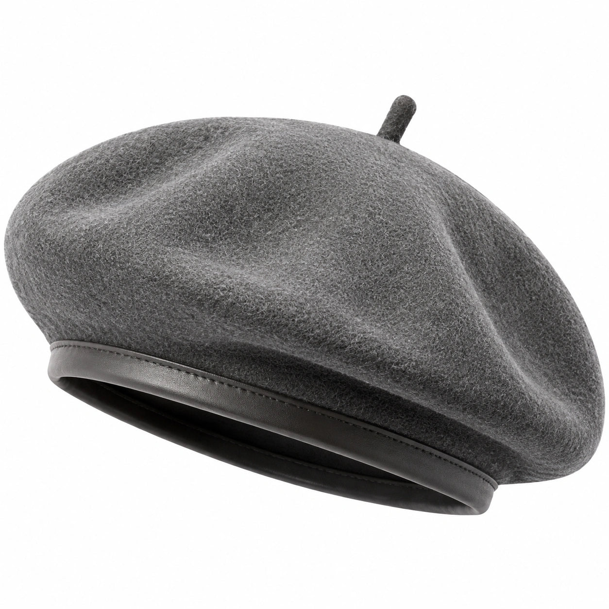 Basco donna taglia unica in feltro grigio scuro con bordo effetto pelle stile classico
