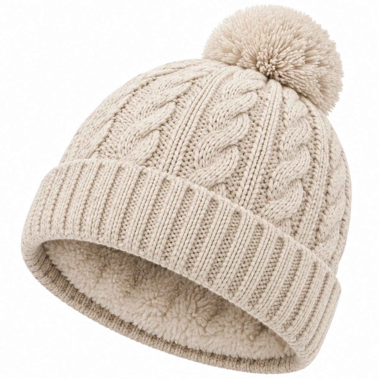 Cappello in maglia taglia unica beige con pompon e fodera morbida - stile invernale