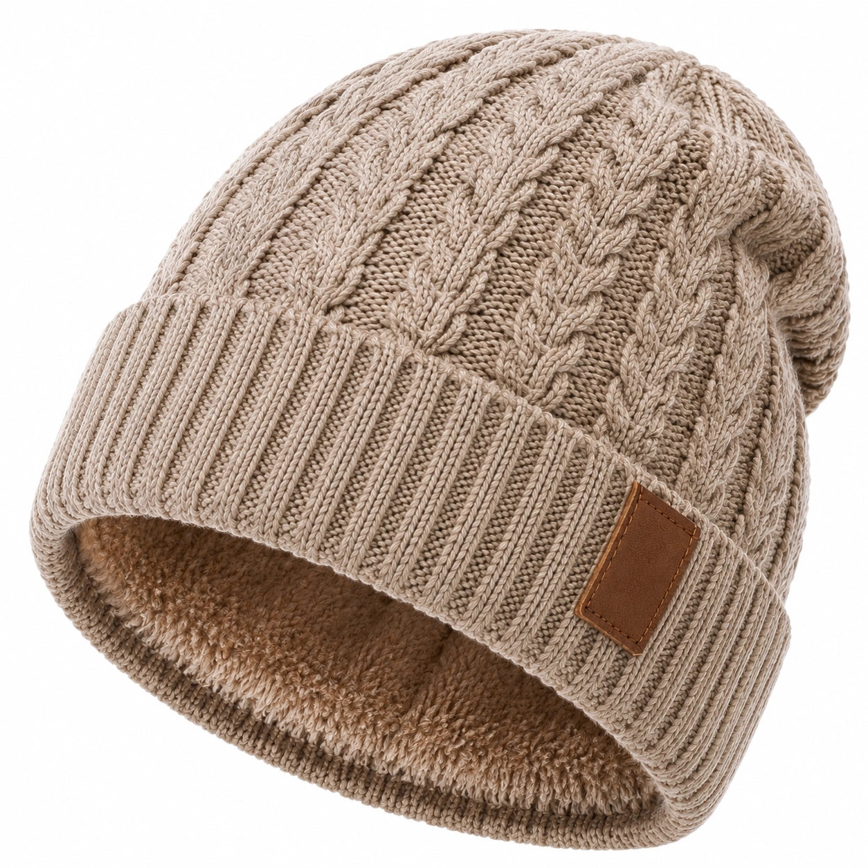 Berretto in maglia taglia unica beige con fodera calda a trecce