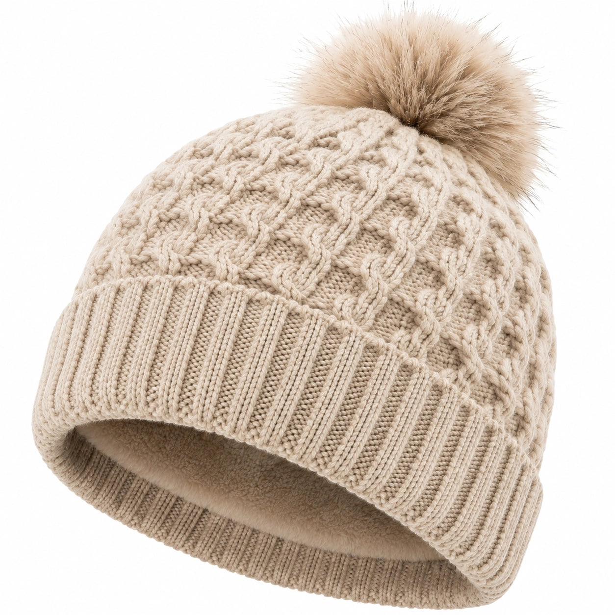 Berretto in maglia taglia unica beige con pompon effetto pelliccia e fodera morbida