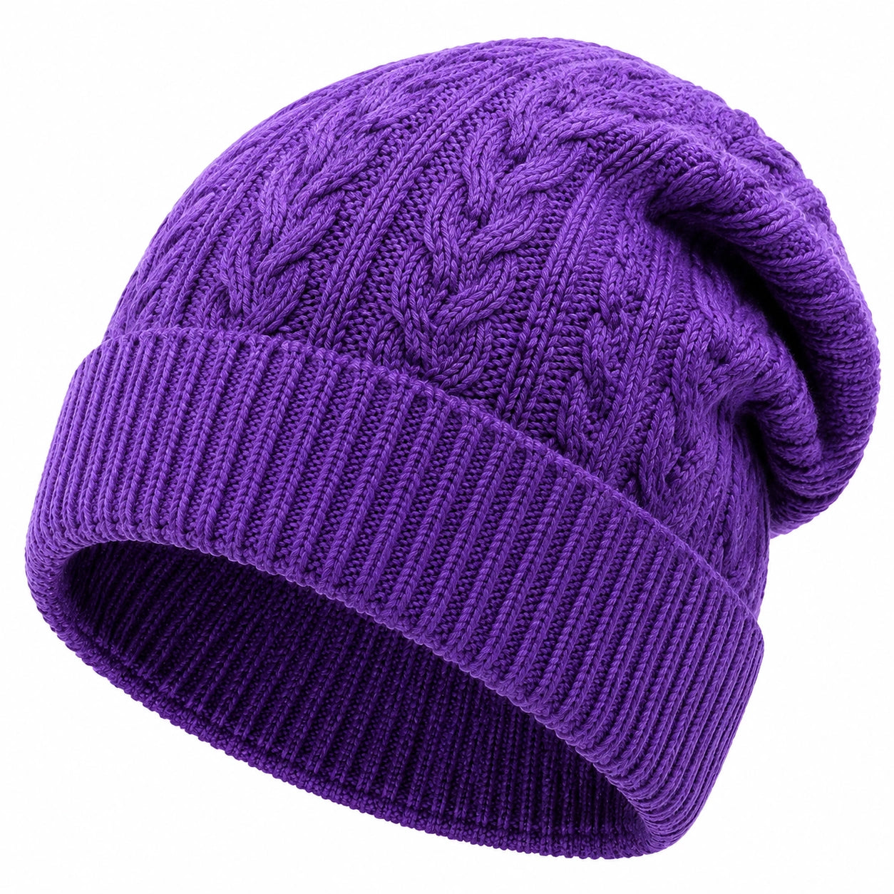 Berretto a maglia taglia unica viola - lavorazione a trecce con risvolto