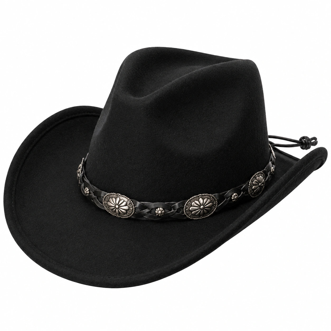 Cappello cowboy taglia unica nero effetto feltro con fascia intrecciata regolabile