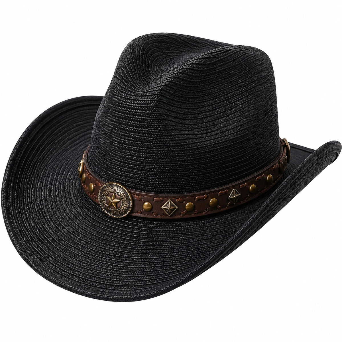 Cappello cowboy taglia unica nero in materiale intrecciato con fascia decorativa stile western
