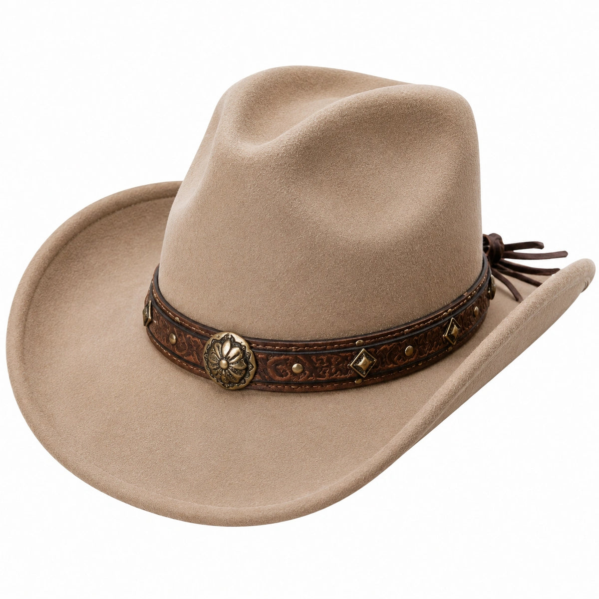 Cappello cowboy taglia unica in tessuto effetto camoscio beige con fascia decorativa