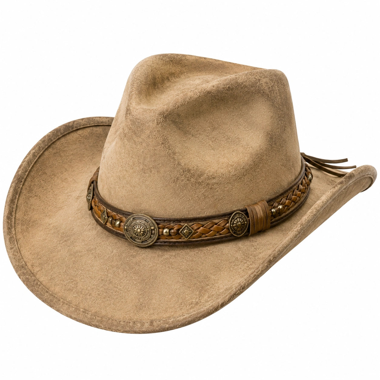 Cappello cowboy taglia unica beige in similpelle scamosciata con fascia intrecciata stile western