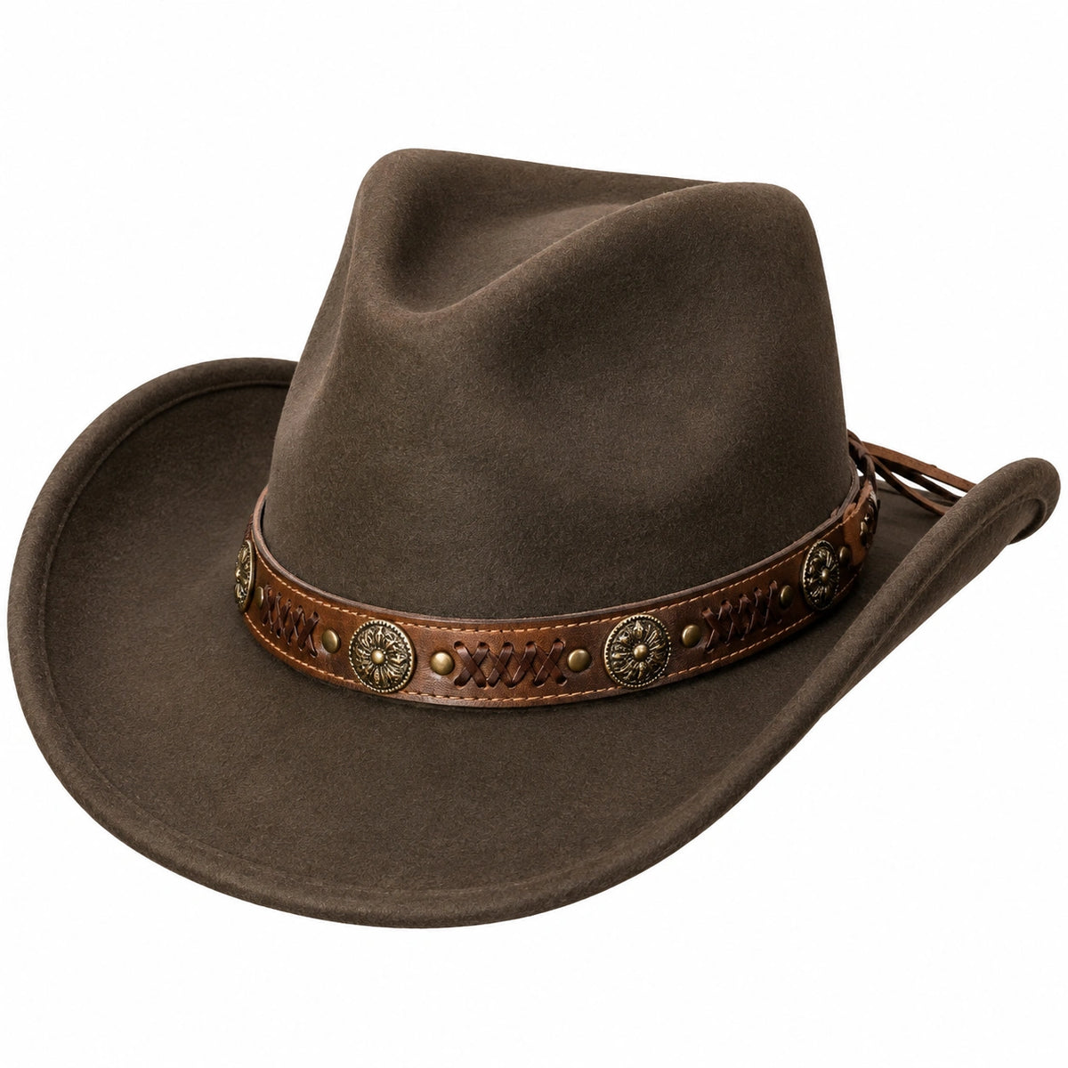 Cappello western taglia unica in feltro marrone con fascia decorativa stile cowboy