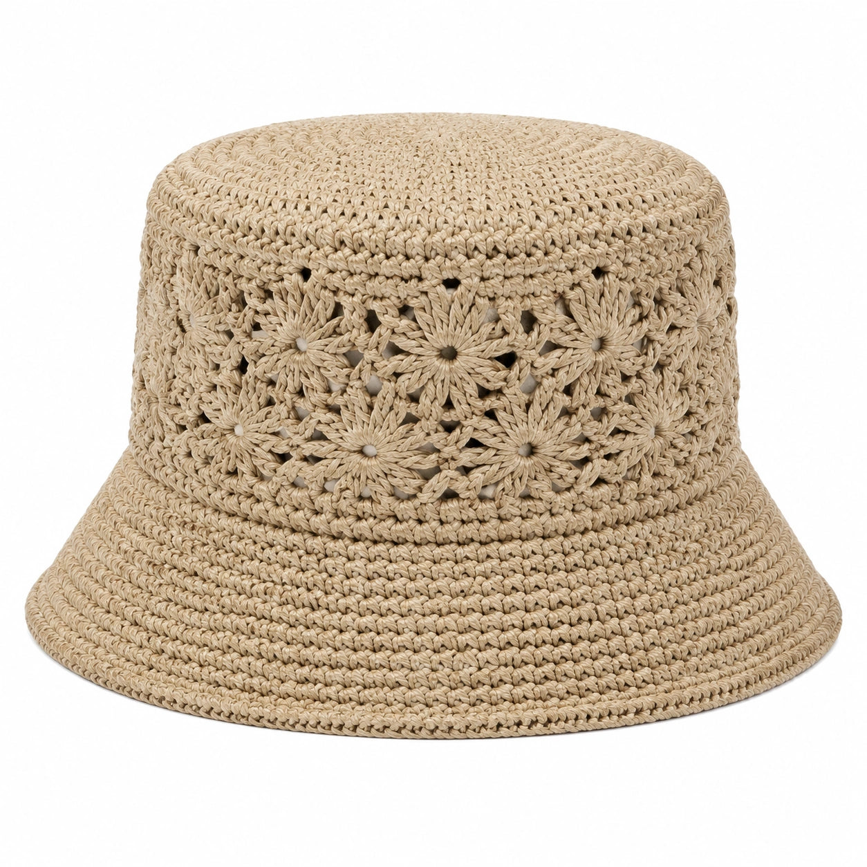 Cappello da pescatore taglia unica in fibra intrecciata beige - motivo floreale traforato